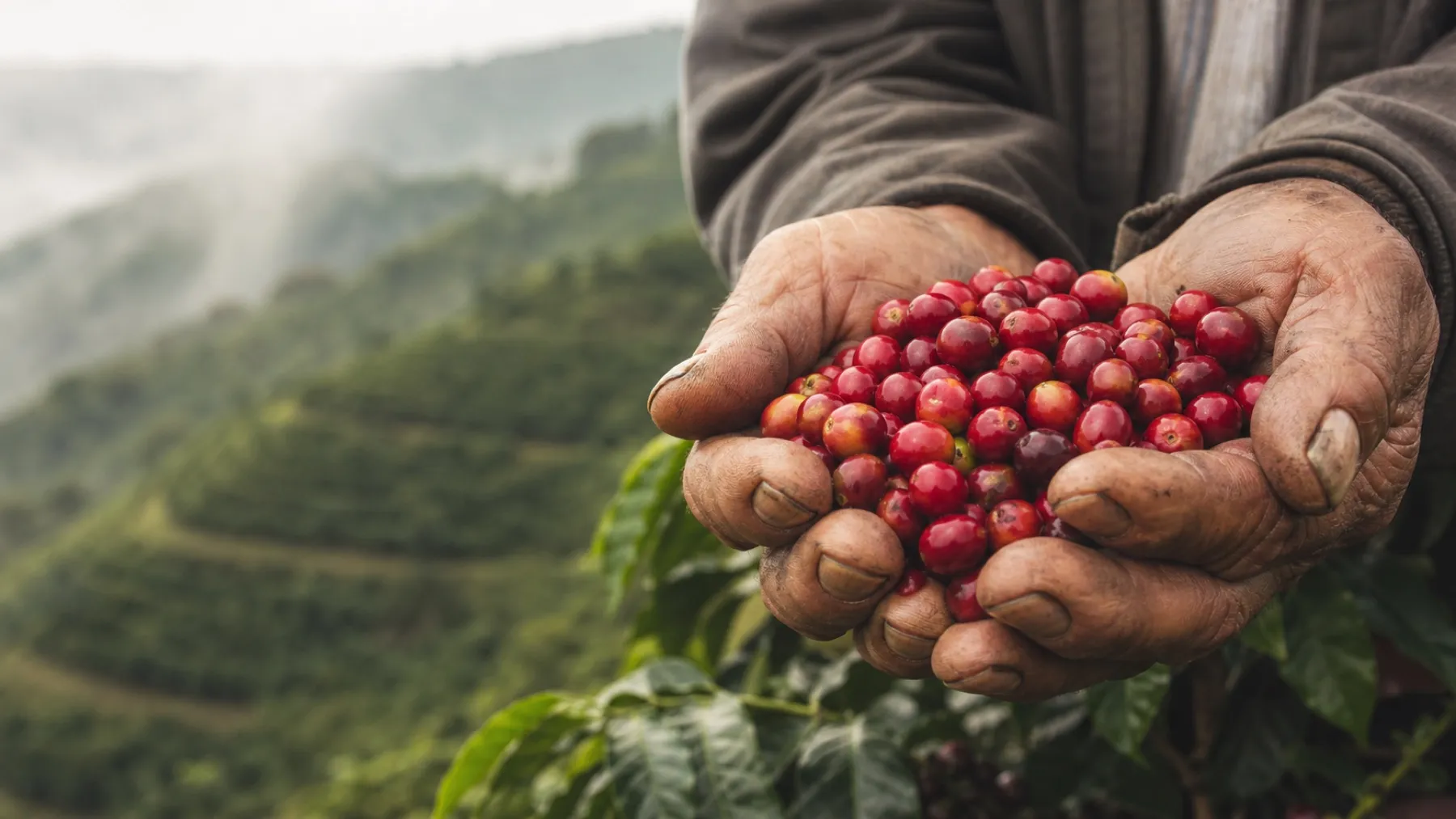 Manos de un caficultor sosteniendo cerezas de café maduras frente a un valle cafetero con niebla