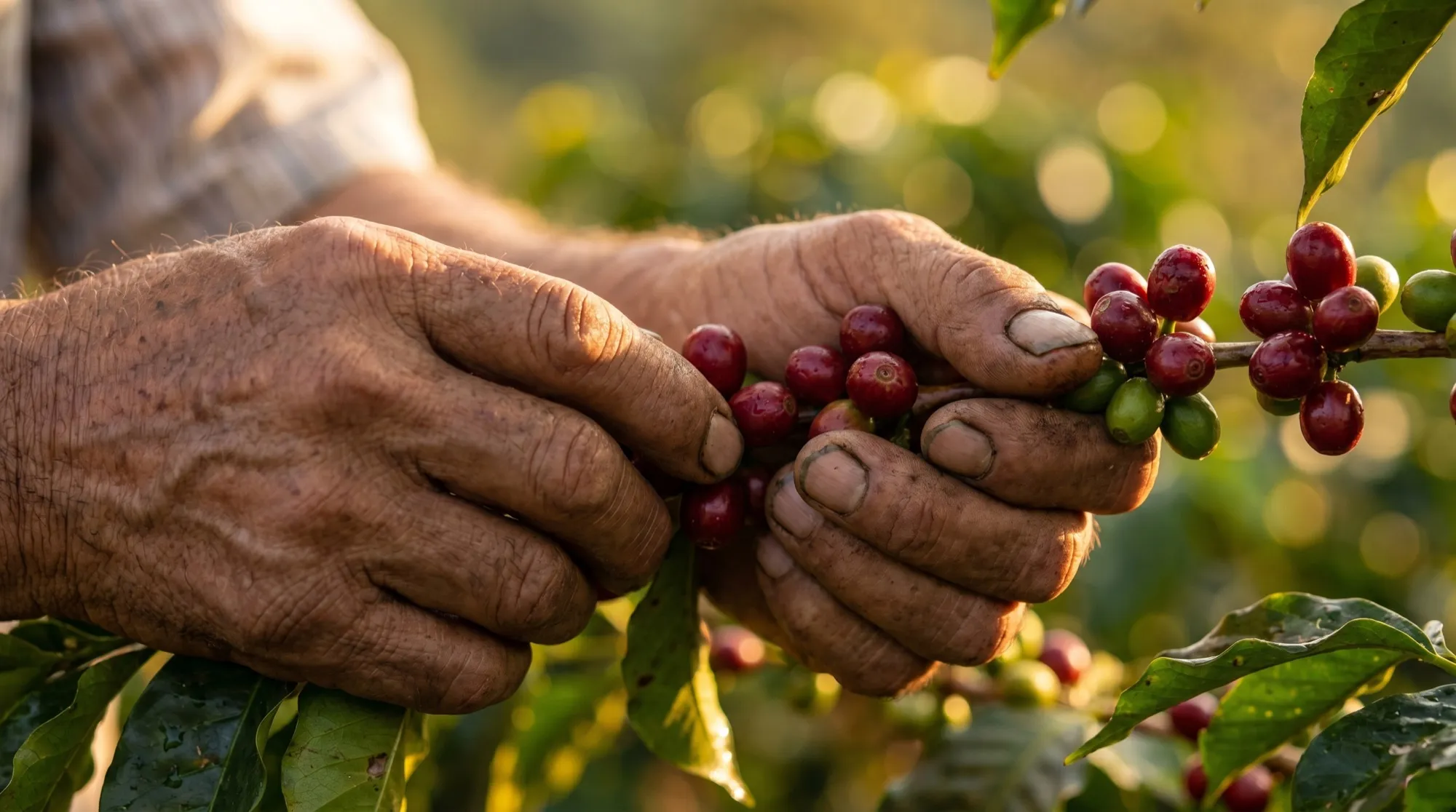 Manos curtidas de un caficultor cosechando cerezas rojas de una rama de café