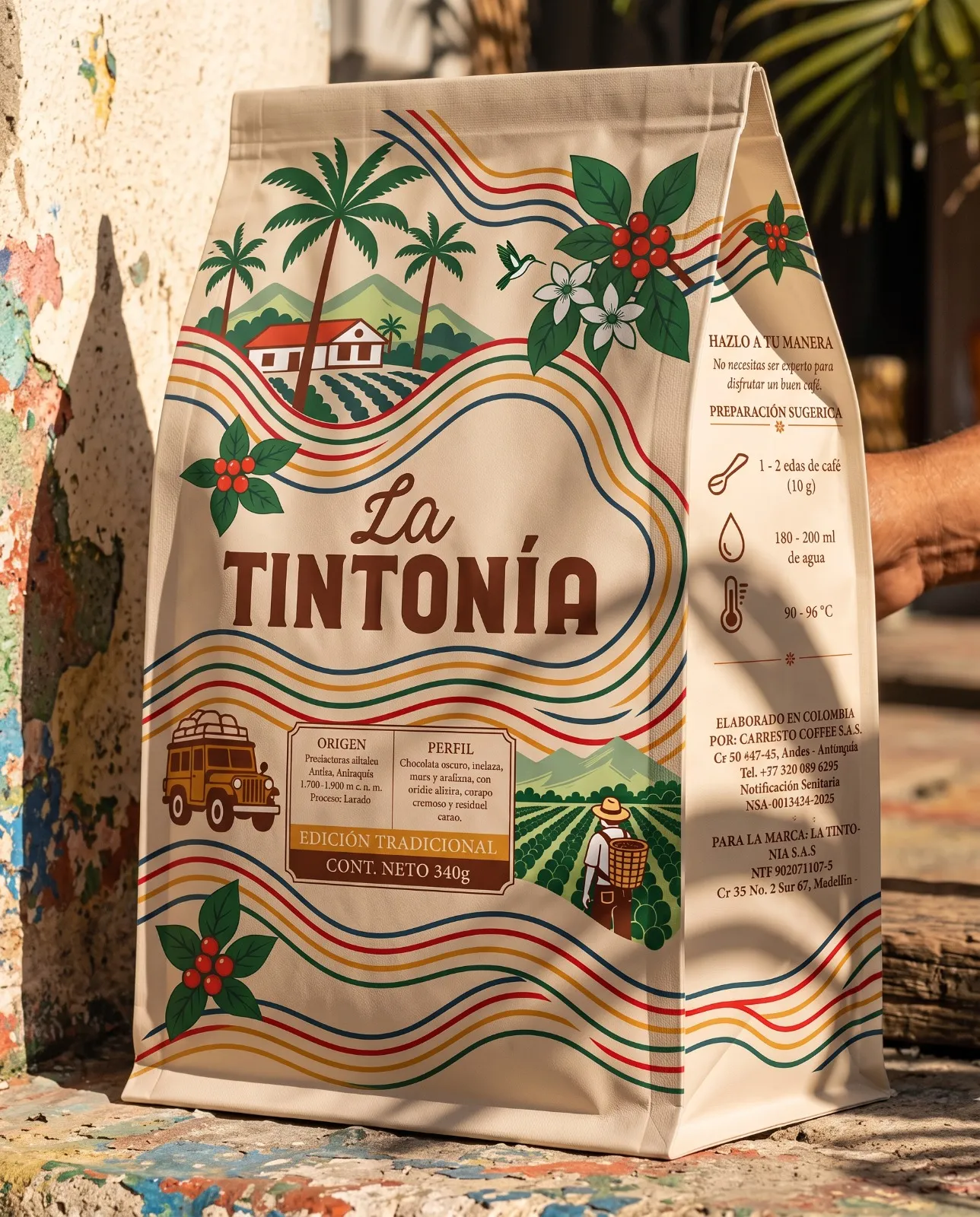 Bolsa de 340 g de La Tintonía Edición Tradicional de pie al sol, con el costado que explica la preparación sugerida