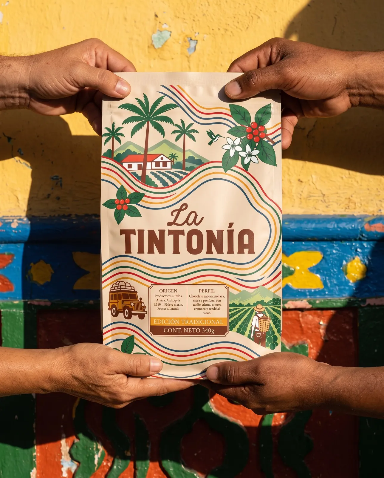 Cuatro manos sostienen la bolsa de 340 g de La Tintonía Edición Tradicional frente a una pared colorida de pueblo