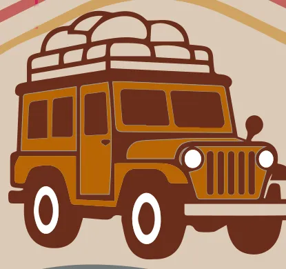 Ilustración del empaque: jeep Willys cargado de bultos de café