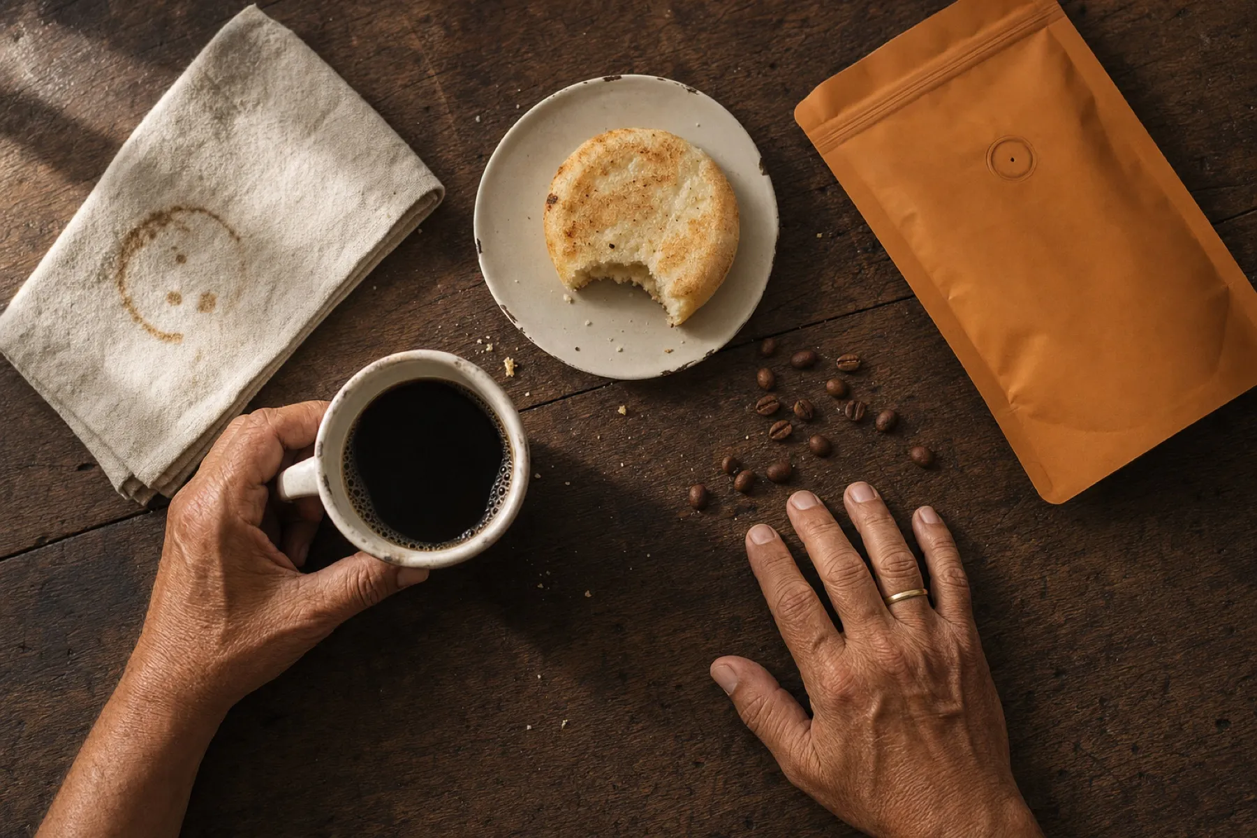 Manos sobre una mesa de madera con una taza de tinto, una arepa y una bolsa de café